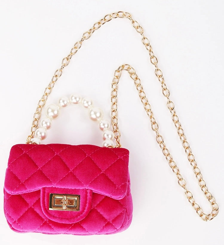 QUILTED PURSE - MINI VELVET FUCHSIA WITH PEARL HANDLE
