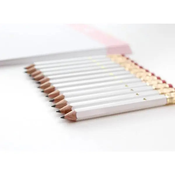 MINI PENCILS - WHITE WITH GOLD HEARTS (Pack of 12)
