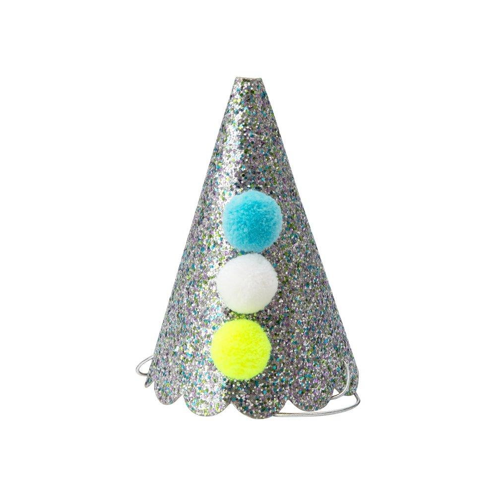 PARTY HATS - SILVER SPARKLE LARGE PIERROT (Pack of 8)