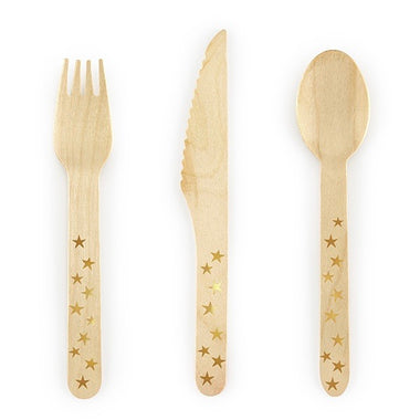 WOODEN CUTLERY SET - GOLD STARS (for 6)