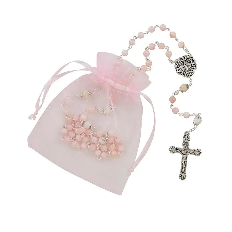 ROSARY - RIVER GLASS PEARL BLUSH PINK WITH POUCH