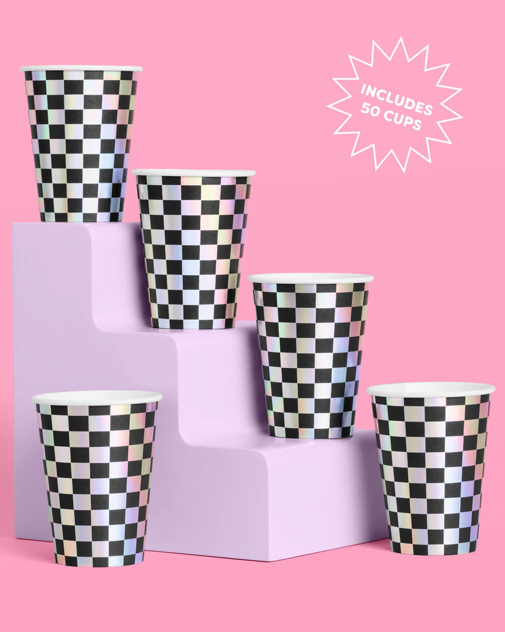 CUPS - BLACK CHECKERED HOLOGRAPHIC SILVER (Pack of 50)