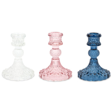 CANDLESTICK HOLDER - GLASS VINTAGE STYLE PRESSED MEDIUM (3 colourways)