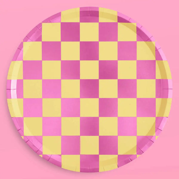 PLATES LARGE - YELLOW + PINK FOIL PREPPY SMILEY FACE AND CHECKERS (Pack of 24)