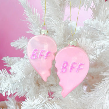HAND-BLOWN GLASS ORNAMENTS - GLITTERED BFF SHAREABLE HEART (2 piece set)