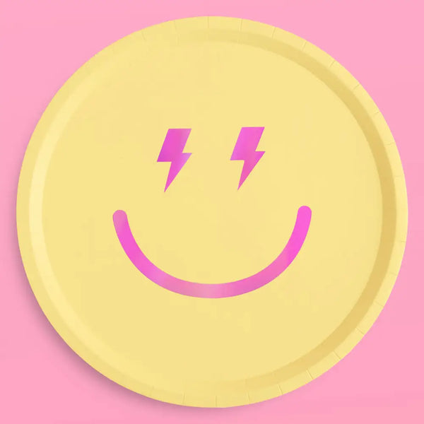 PLATES LARGE - YELLOW + PINK FOIL PREPPY SMILEY FACE AND CHECKERS (Pack of 24)