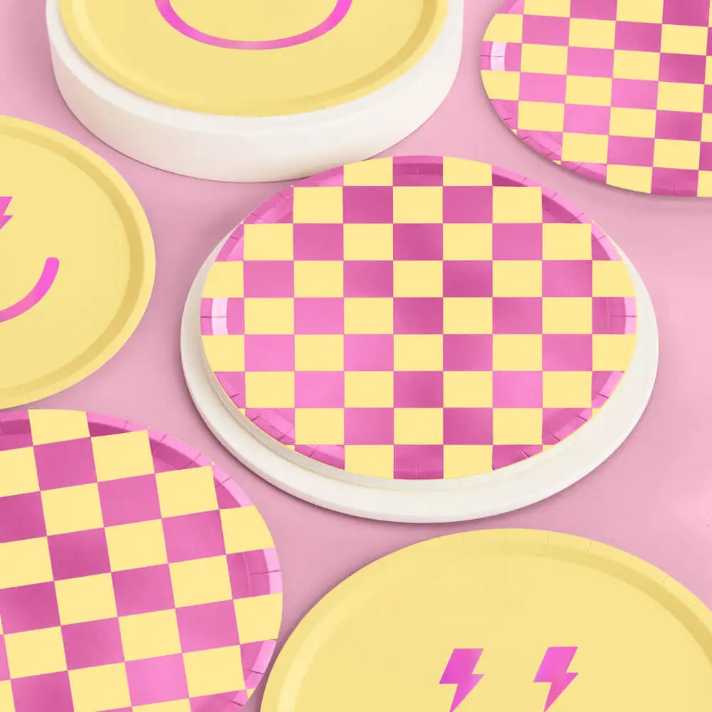 PLATES LARGE - YELLOW + PINK FOIL PREPPY SMILEY FACE AND CHECKERS (Pack of 24)