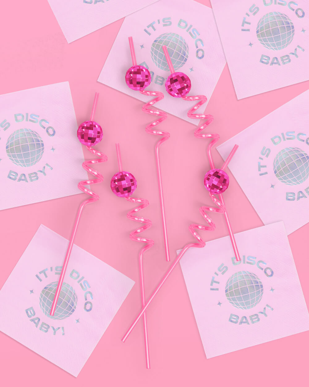 DECORATIVE REUSABLE STRAWS - HOT PINK DISCO BALL (Pack of 16)