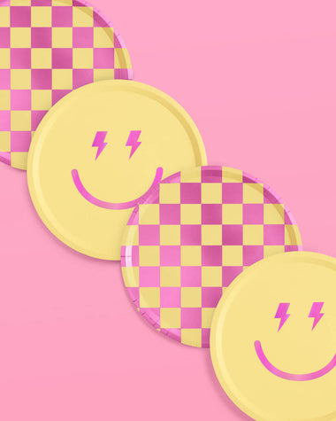 PLATES LARGE - YELLOW + PINK FOIL PREPPY SMILEY FACE AND CHECKERS (Pack of 24)