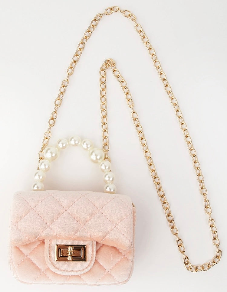 QUILTED PURSE - MINI VELVET BLUSH WITH PEARL HANDLE