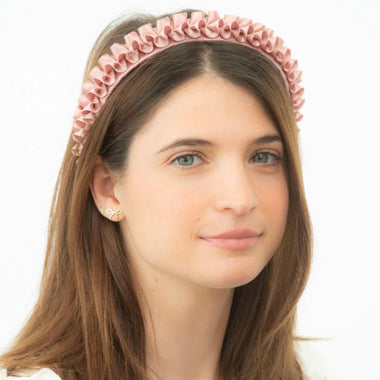 WE LOVE YOU CONNIE LUXURY FOUNDATION HEADBANDS - BOW FRIENDS SATIN RUFFLE DUSTY ROSE (includes Donation)