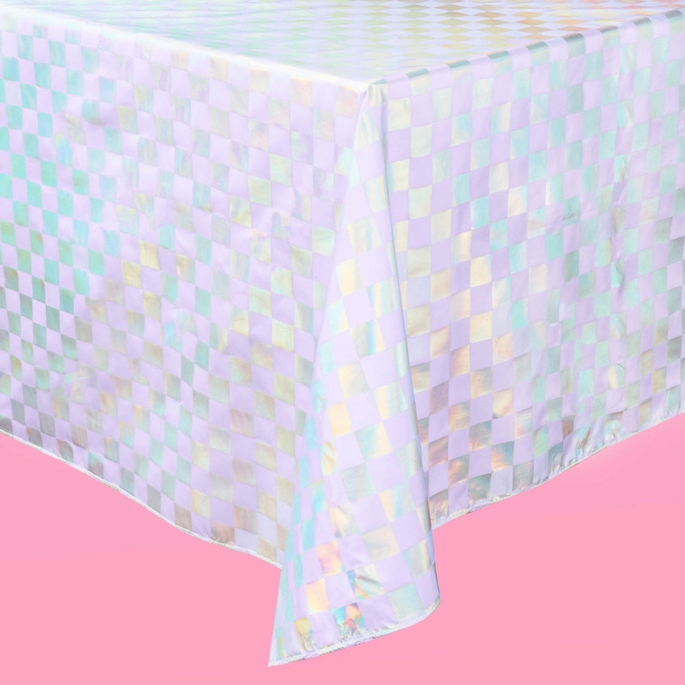 TABLECOVER FABRIC - HOLOGRAPHIC CHECK LAVENDER WASHABLE