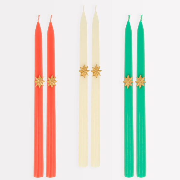 DINNER CANDLES - TAPER MIXED CHRISTMAS GOLD STAR MERI MERI (set of 6)