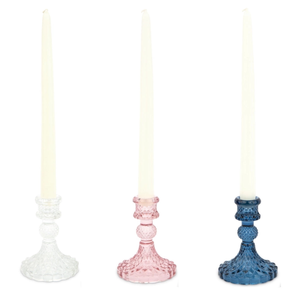 CANDLESTICK HOLDER - GLASS VINTAGE STYLE PRESSED MEDIUM (3 colourways)