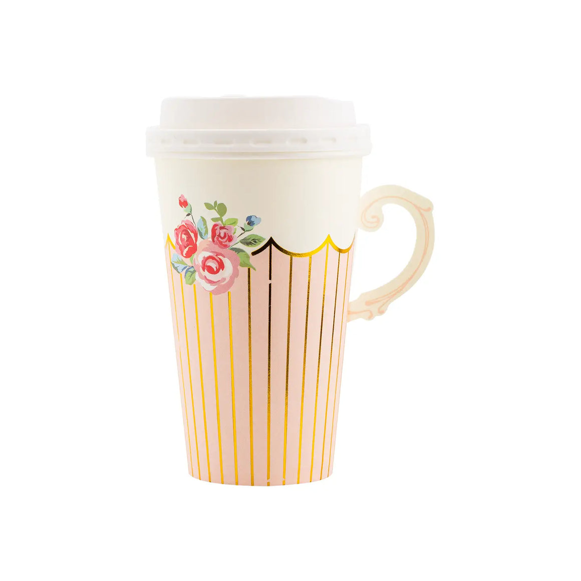 CUPS - FLORAL TEACUP PINK WITH GOLD PINSTRIPE WITH LIDS (12/pk)