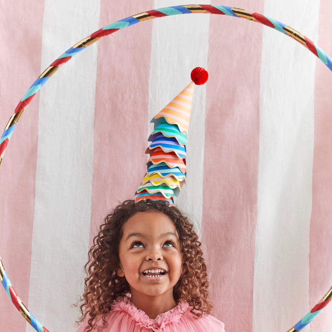 PARTY HATS - POM POM STRIPE (Pack of 8)