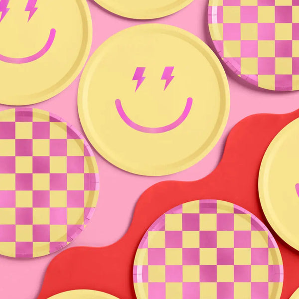 PLATES LARGE - YELLOW + PINK FOIL PREPPY SMILEY FACE AND CHECKERS (Pack of 24)