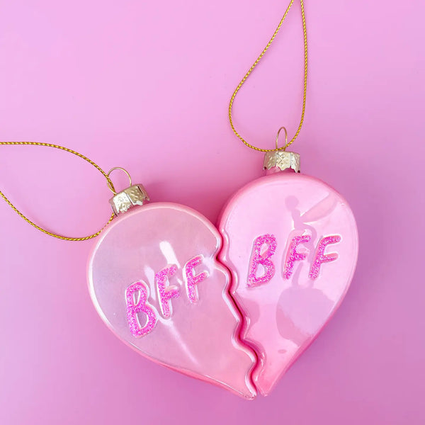 HAND-BLOWN GLASS ORNAMENTS - GLITTERED BFF SHAREABLE HEART (2 piece set)