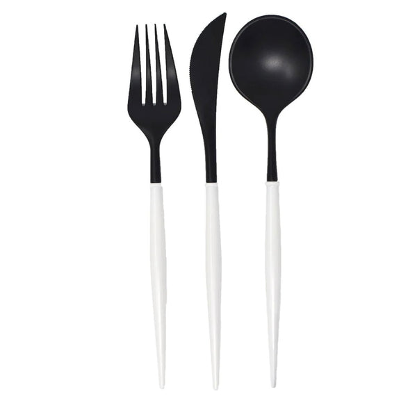 PREMIUM FLATWARE - REUSABLE BELLA BLACK + WHITE (for 8)