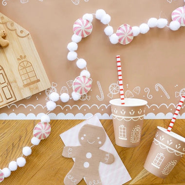 FELT BALL GARLAND - GINGERBREAD PEPPERMINT PINK