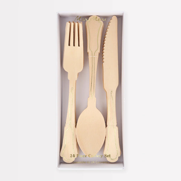 WOODEN CUTLERY SET - ORNATE ELEGANT GOLD (for 8)