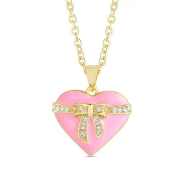 NECKLACE - SPARKLE RIBBON BOW HEART (18k gold overlay & hand-painted enamel)