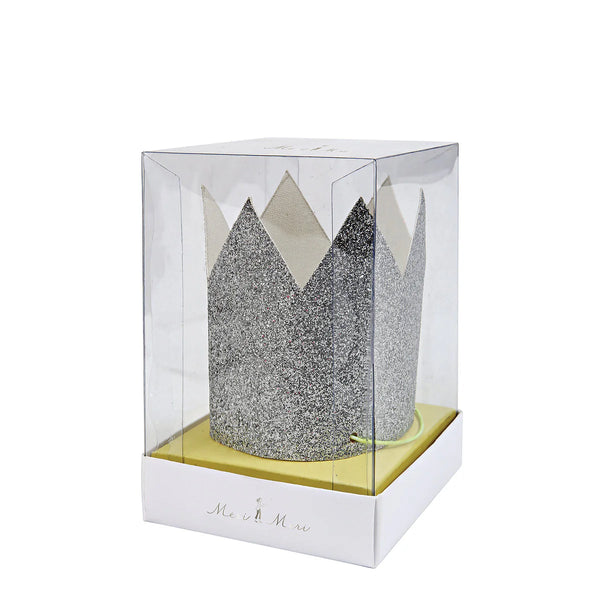 PARTY CROWNS + TIARAS - GLITTER SILVER (Pack of 8)