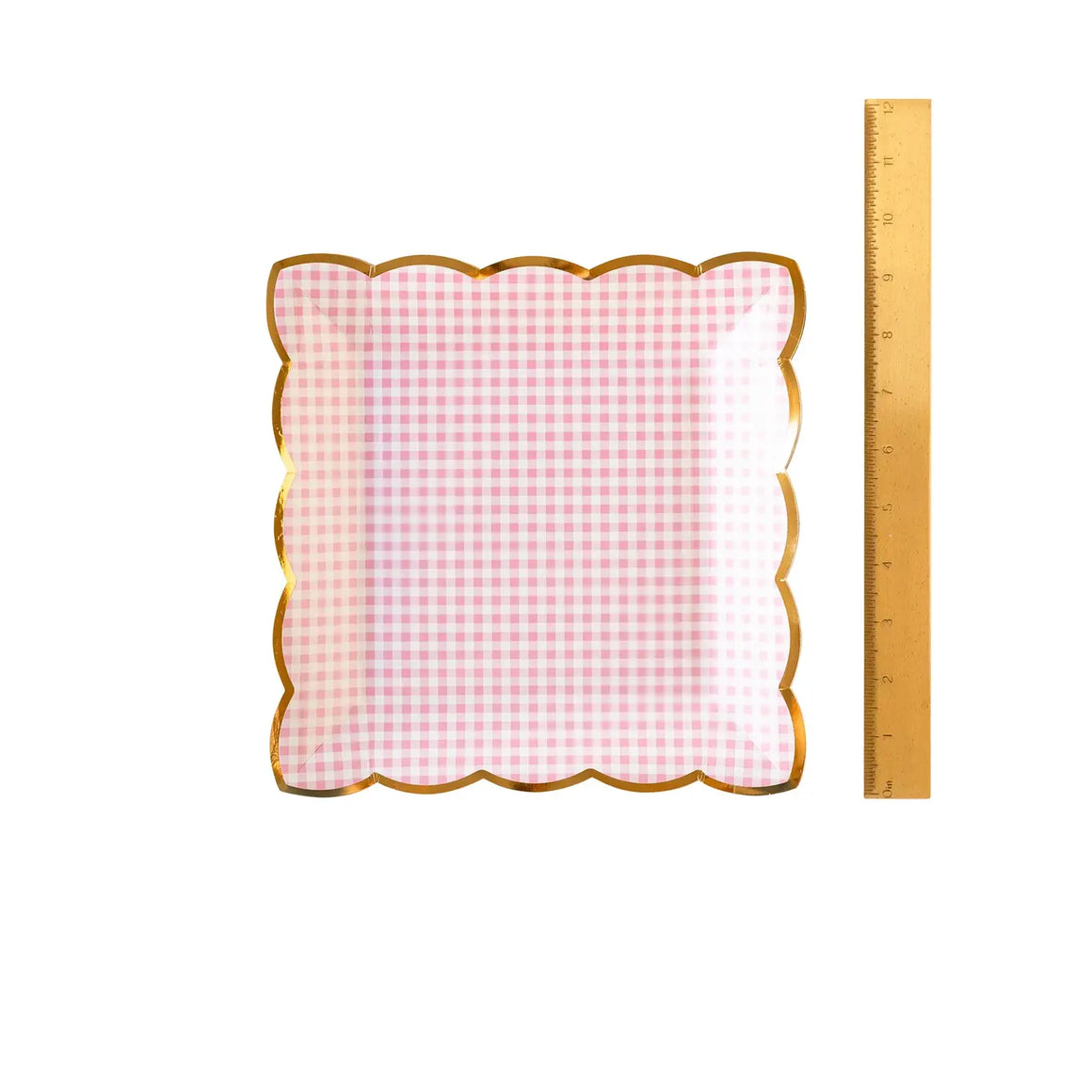 PLATES LARGE - PINK GINGHAM WITH GOLD SCALLOP