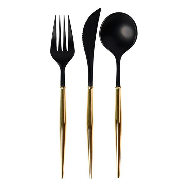 PREMIUM FLATWARE - REUSABLE BELLA BLACK + GOLD (for 8)I