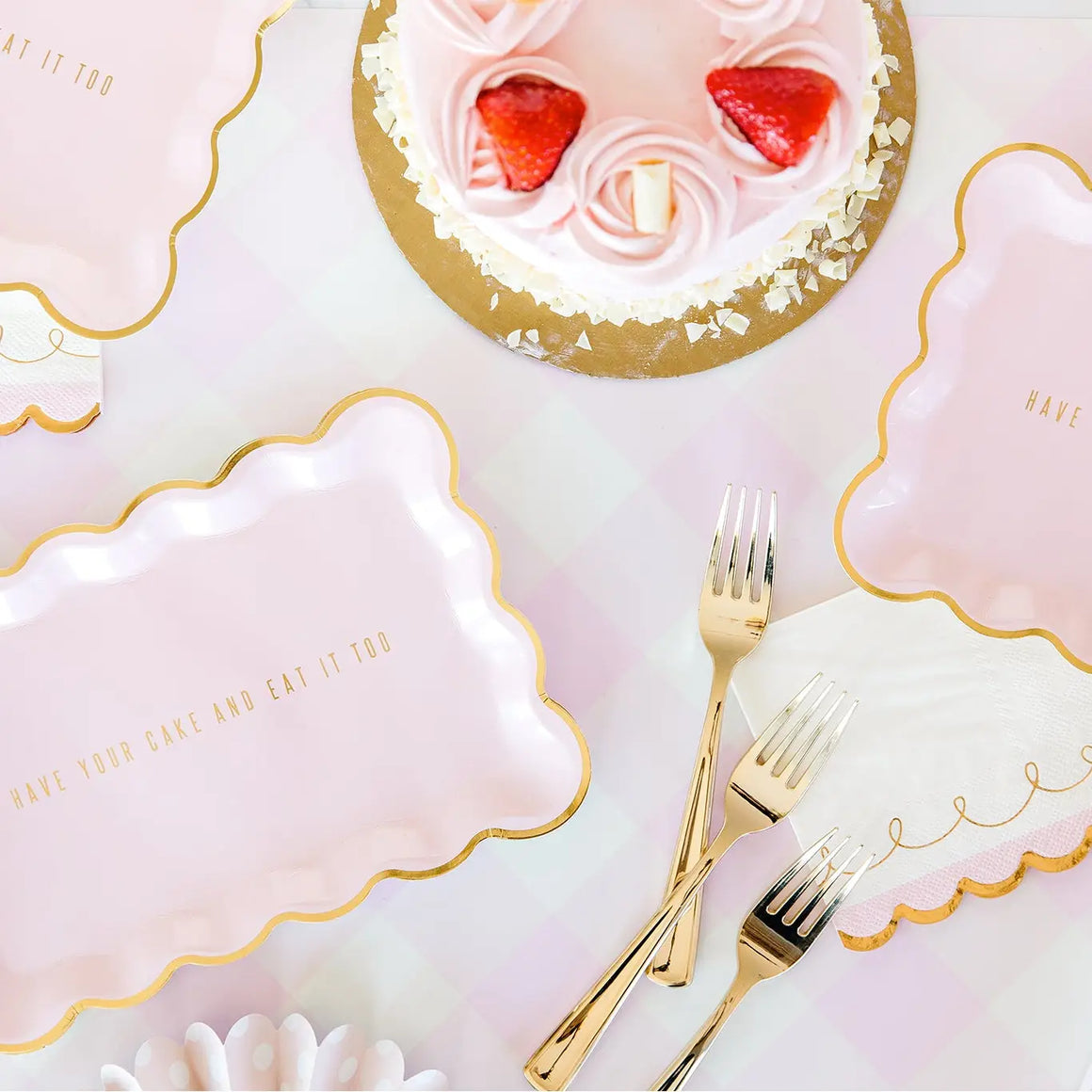 PLATES LARGE - PINK SCALLOP HAVE YOUR CAKE RECTANGLE