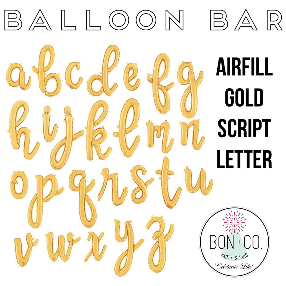 BALLOON BAR - 14" AIRFILL GOLD SCRIPT LETTERS, Balloons, BETALLIC - Bon + Co. Party Studio