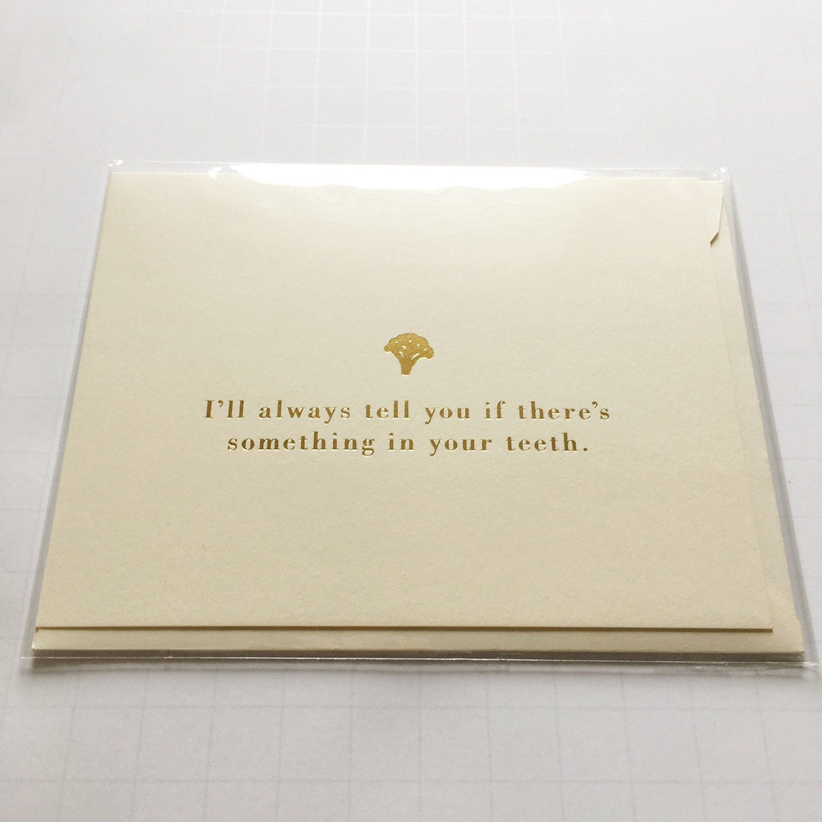 GREETING CARD - BROCCOLI IN TEETH GOLD FOIL, GIFT GIVING, WASTE NOT PAPER - Bon + Co. Party Studio