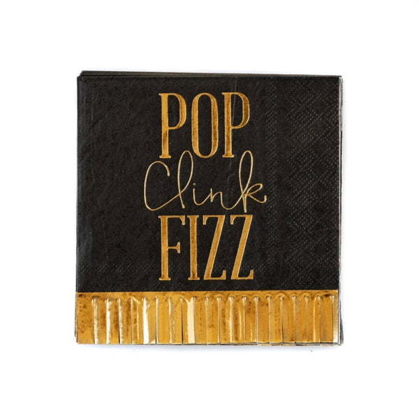NAPKINS SMALL - NYE POP FIZZ CLINK BLACK + GOLD FRINGE