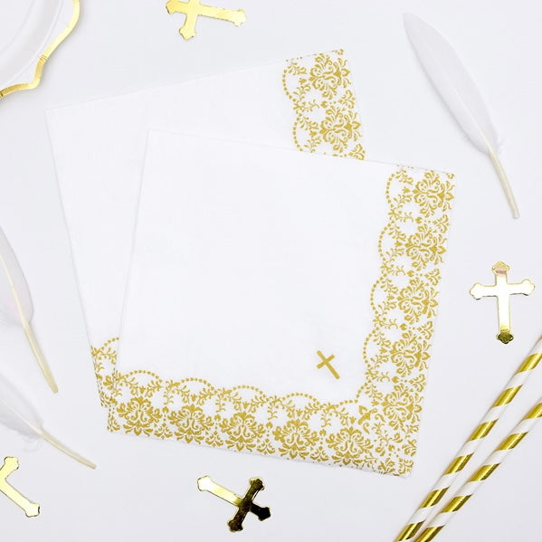 NAPKINS LARGE - WHITE HOLY SACRAMENT CROSS GOLD