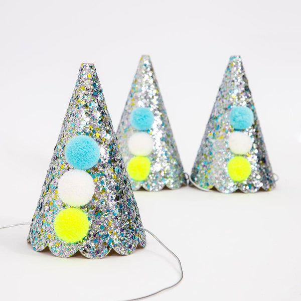 PARTY HATS - SILVER SPARKLE LARGE PIERROT (Pack of 8)