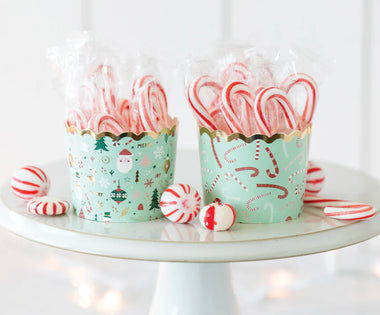 FOOD CUPS - CHRISTMAS GOLD FOIL GREEN ICONS (PACK OF 50)