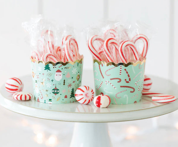 FOOD CUPS - CHRISTMAS GOLD FOIL GREEN ICONS (PACK OF 50)