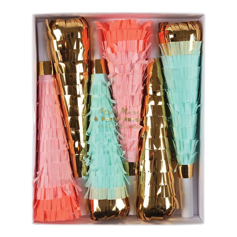 NOISEMAKERS - PARTY HORN FRINGED NEON + GOLD