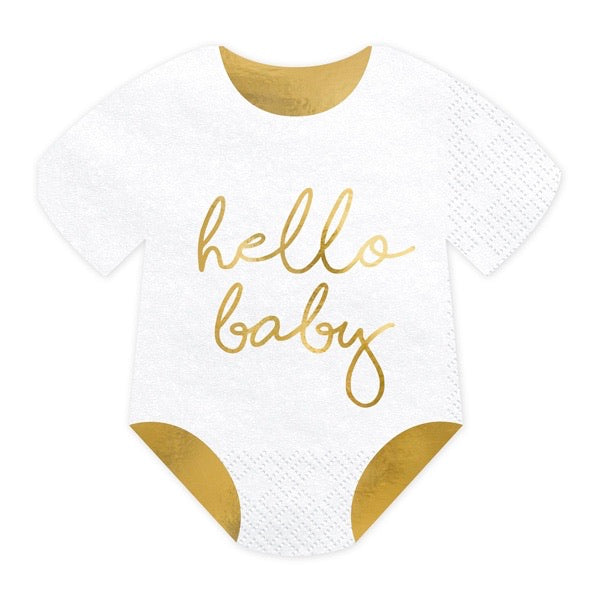 NAPKINS SMALL - WHITE & GOLD HELLO BABY ONESIE ROMPER