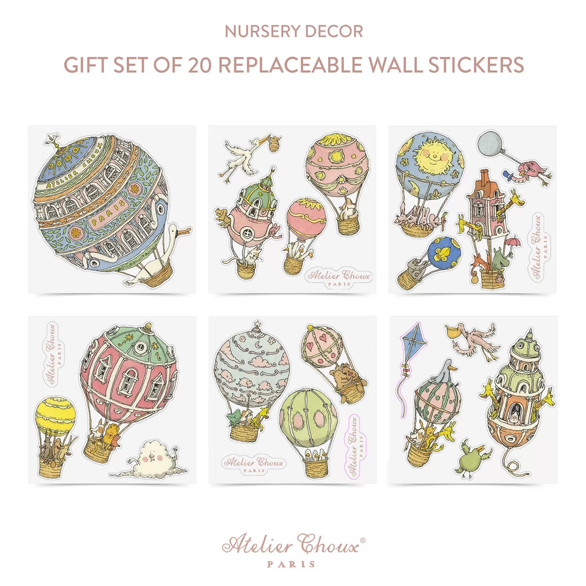 REPOSITIONABLE WALL STICKERS - ATELIER CHOUX PARIS HOT AIR BALLOON (20 Decals)