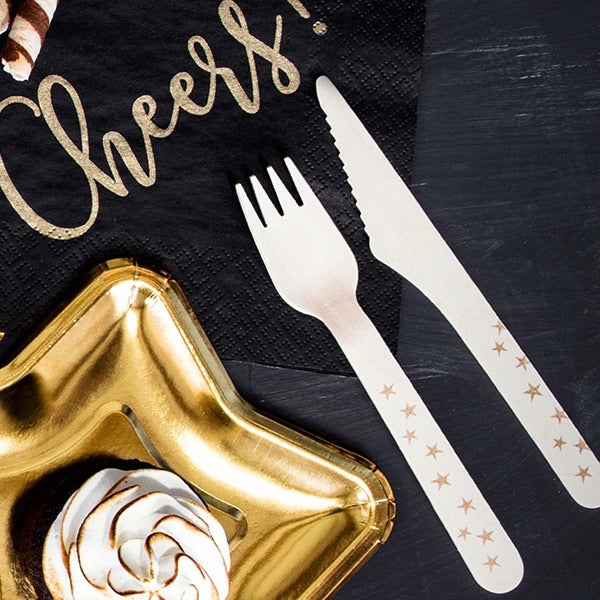 WOODEN CUTLERY SET - GOLD STARS (for 6)