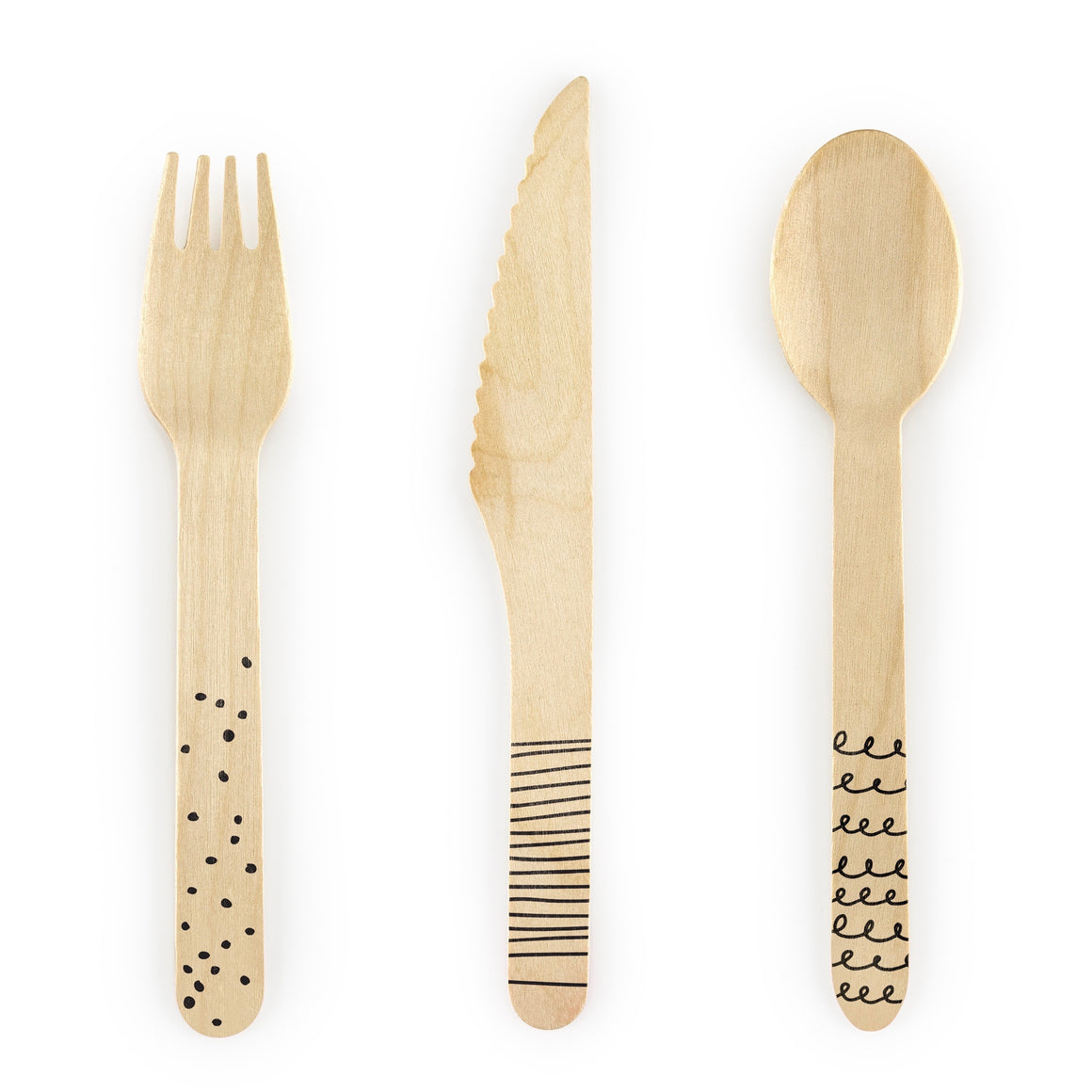 WOODEN CUTLERY SET - BLACK PATTERNS (for 6)