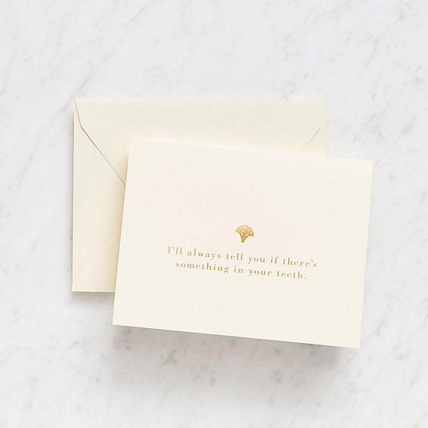 GREETING CARD - BROCCOLI IN TEETH GOLD FOIL, GIFT GIVING, WASTE NOT PAPER - Bon + Co. Party Studio