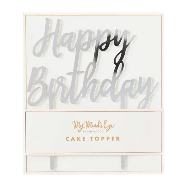 CAKE TOPPER - ACRYLIC HBD SILVER MY MINDS EYE, Picks + Toppers, My Minds Eye - Bon + Co. Party Studio