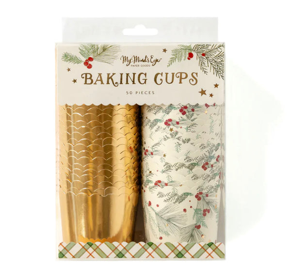 FOOD CUPS - CHRISTMAS GOLD FOIL RED BERRIES (PACK OF 50)