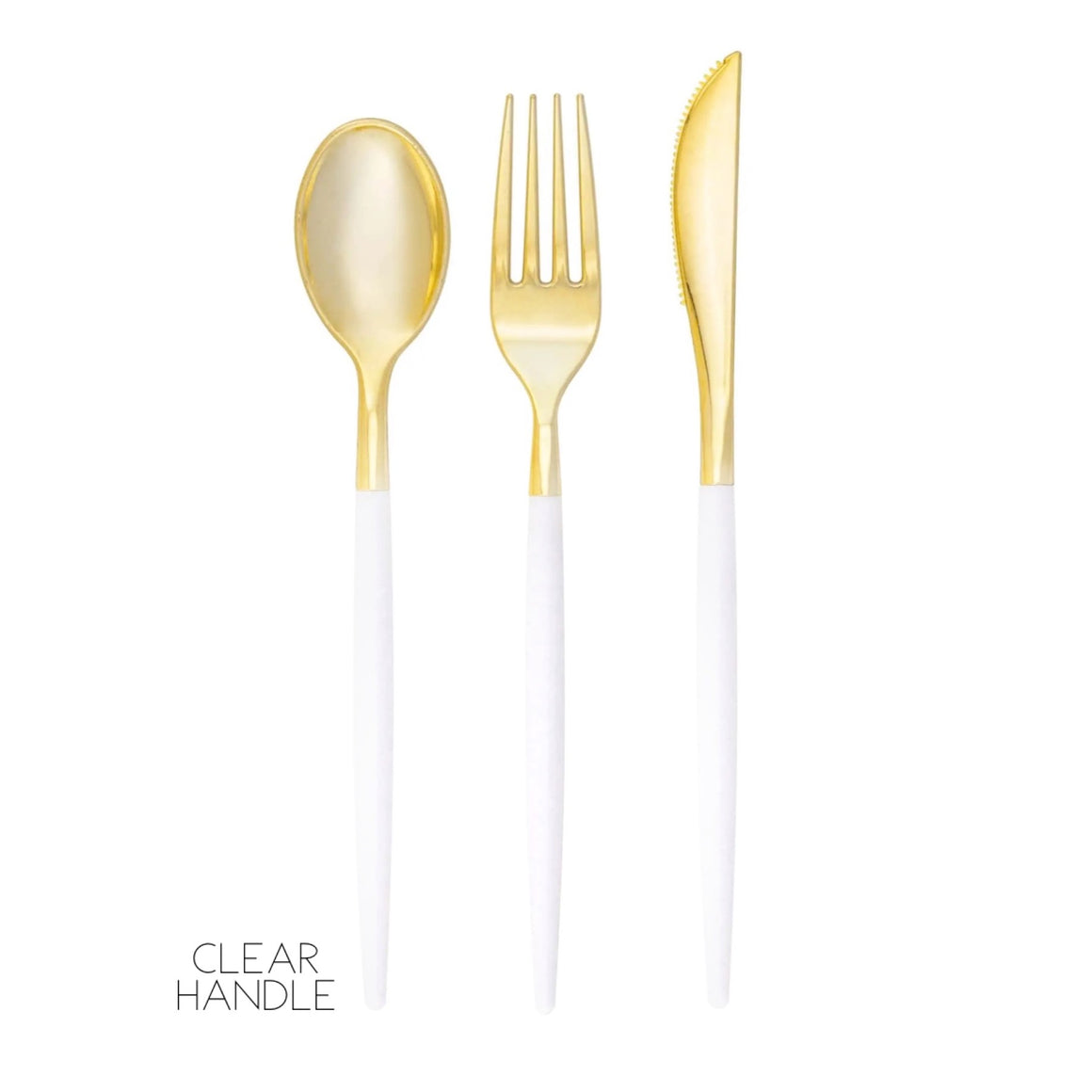 PREMIUM PLASTIC CUTLERY SET - CLEAR + GOLD (for 8)