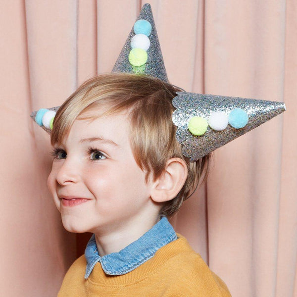 PARTY HATS - SILVER SPARKLE LARGE PIERROT (Pack of 8)
