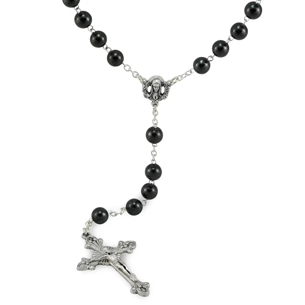 ROSARY - BLACK HEMATITE SACRED HEART