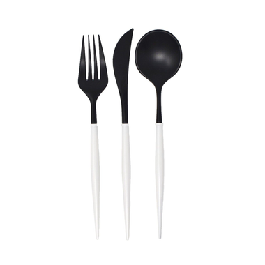 PREMIUM FLATWARE - REUSABLE BELLA BLACK + WHITE (for 8)