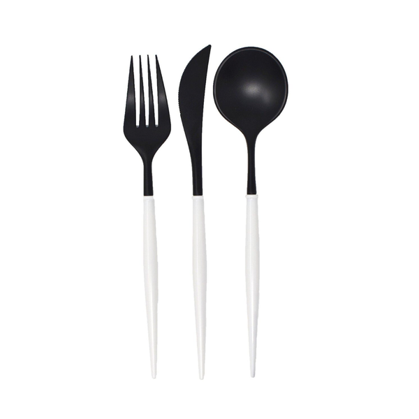 PREMIUM FLATWARE - REUSABLE BELLA BLACK + WHITE (for 8)